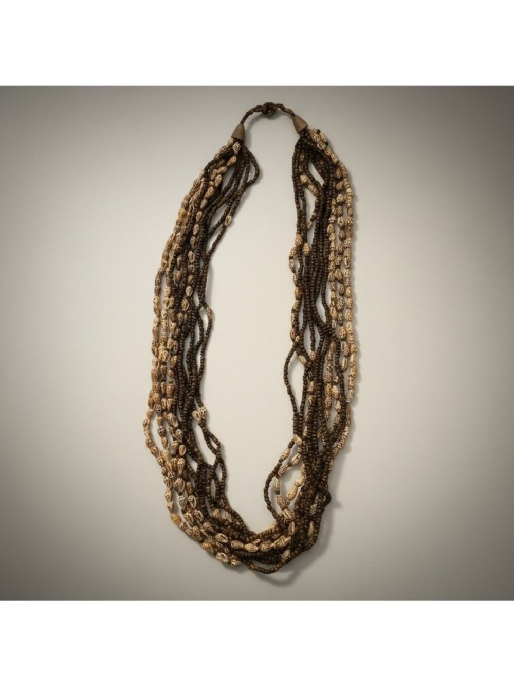 Shell Seed Beaded Multi Strand Necklace Brown White Layered Boho Statement 30"